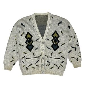 Vintage 90s Men’s Cardigan Sweater Geometric Abstract Gray XL*